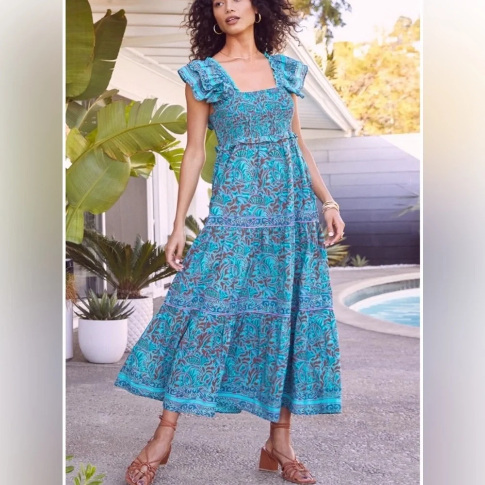 Cleobella Blue Floral Smocked Midi Dress with Puff Shoulders